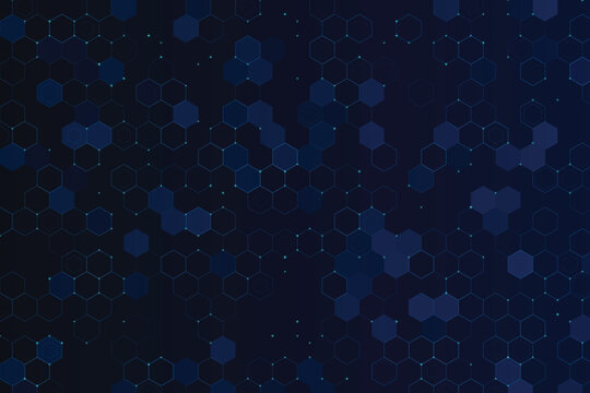 Dark blue hexagonal network with glowing cyan nodes hexagonal grid technology data connection