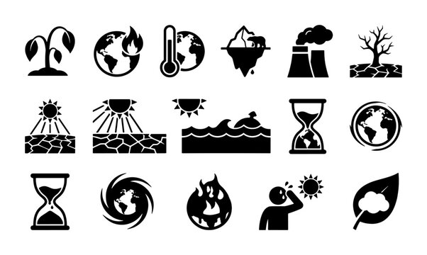 Climate change icons set, global warming and environmental crisis vector symbols, 15 black flat icons for ecology and pollution infographics