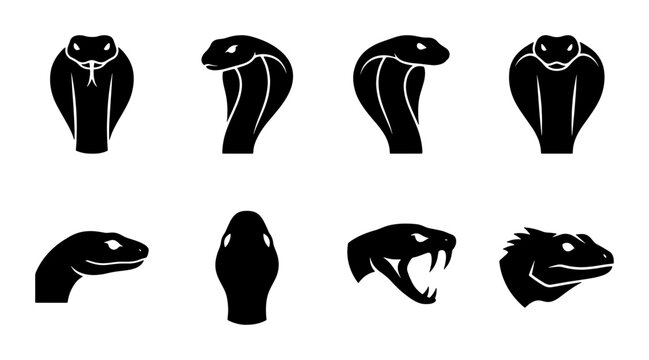 King cobra snake head silhouette icons, 8 black reptile vector elements, aggressive viper and serpent mascot logos for gaming and sports branding