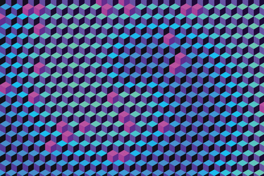 Isometric cubes pattern with purple, blue, and teal gradient background, geometric abstract
