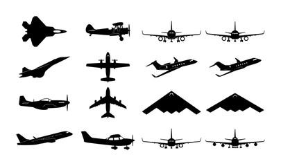 Aviation silhouette collection with 14 airplane icons, military jet and commercial aircraft vector set, vintage and modern plane flight symbols © Mehnaz