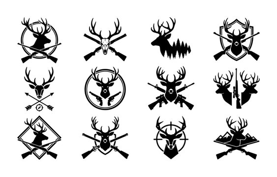 Vintage hunting club logos set, black deer head silhouettes with crossed rifles and shotguns, 12 outdoor sport emblems for apparel and branding
