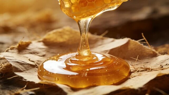 Honeycomb releasing amber honey stream onto dried leaf, forming glossy domed pool