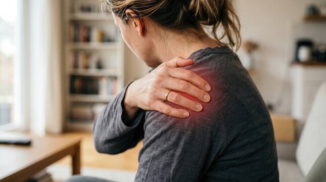 Woman holding shoulder expressing pain