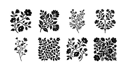 Vintage floral silhouette collection, 8 black botanical vector elements, elegant hand drawn flower and leaf motifs for wedding invitations and branding © Mehnaz