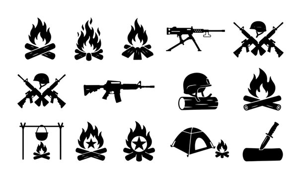Military camping and survival icons set, black silhouette tactical gear and campfire vector elements, army outdoor equipment collection for gaming