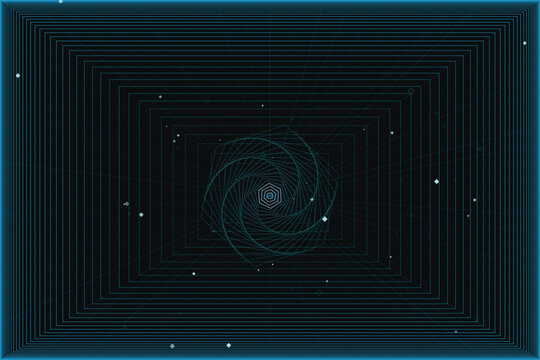 Abstract hexagonal tunnel with blue grid and diamond shapes