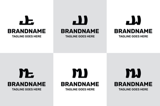 Letters JT JU JW MT MU MW Monogram Slant Logo Set