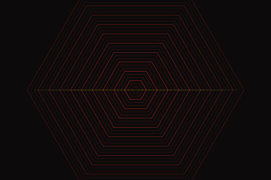 Concentric hexagons with red outline and yellow center line on black abstract geometric pattern