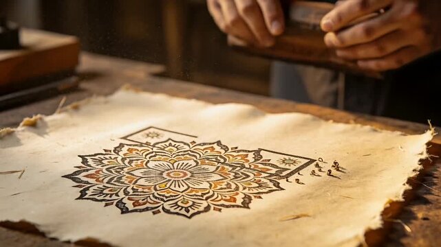 Aligning aproned maker's hands over wood block on bench pressing lifting stamping mandala on paper