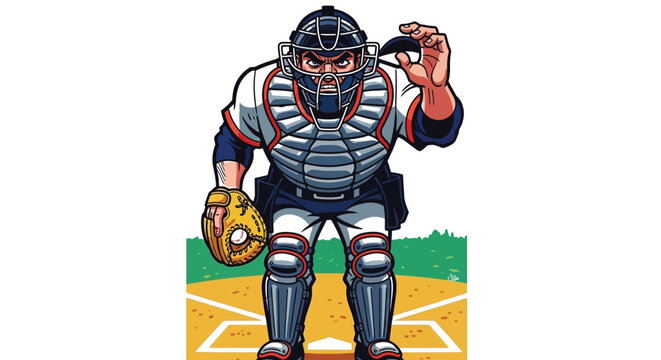 Aggressive baseball catcher in protective gear illustrated as a professional vector on white background