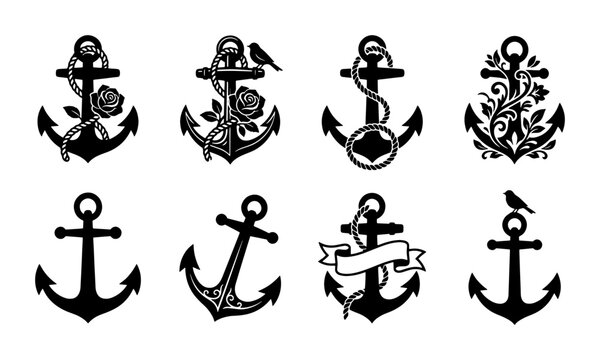 Vintage nautical anchor silhouettes set, 8 black marine vector icons with roses and birds, maritime tattoo style illustrations for logo design