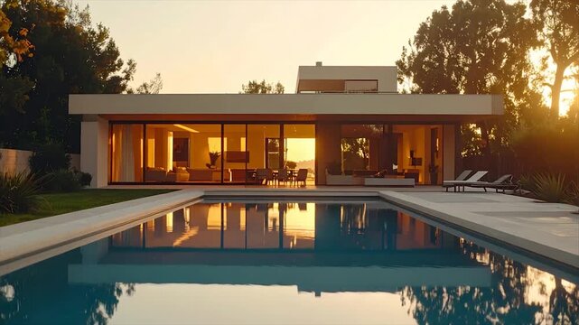 Modern home with a pool reflecting the golden sunset, with trees, glass walls, and a minimalist design
