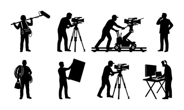 Film crew silhouettes set, professional movie production team icons, cinematography and video broadcast staff, 8 vector elements for media industry