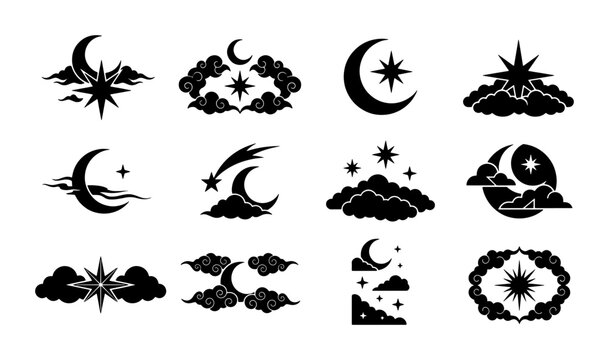 Celestial mystical moon and star icons, set of 12 black silhouette celestial elements, esoteric lunar and cloud vector graphics for occult branding