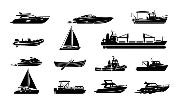 Black boat silhouette icons set, nautical vessel collection with yacht and cargo ship, 14 watercraft vector elements for maritime design