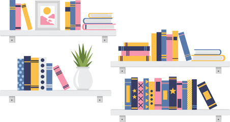 Modern Wall Shelves Vector Illustration with Books Plant and Decor Items Arranged on Floating Shelves Isolated on White Background for Home Interior Design. © MstSuborna
