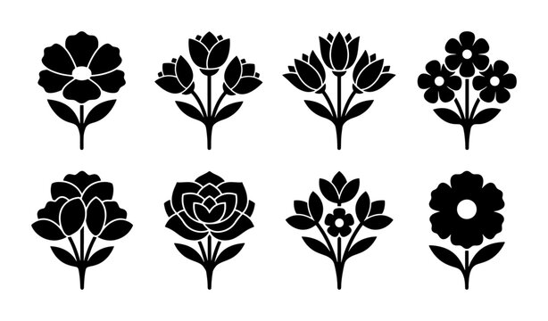Minimalist black flower icons set, 8 floral vector silhouettes, botanical blossom symbols for logo design and wedding invitations