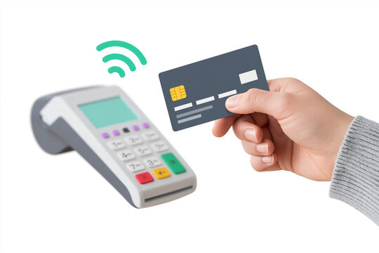 Hand holds credit card near payment terminal. Wireless signal waves indicate contactless payment. Device displays transaction interface with color-coded buttons. Gesture suggests modern, convenient