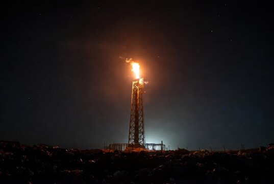 Nighttime industrial flare stack burning gas against a starry sky, illuminating the surrounding landscape