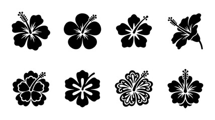 Hibiscus flower black silhouette icons, tropical floral blossom vector set of 8 elements, exotic Hawaiian plant symbols for summer design © Faria