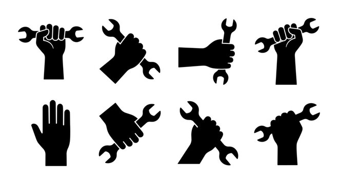 Industrial wrench tool silhouettes, hand holding spanner icons set, mechanical repair and maintenance vector graphics, 8 black work tool elements