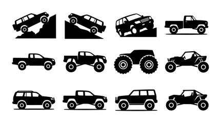 Off-road vehicle silhouette icons, set of 12 4x4 truck and SUV vector illustrations, monster truck and buggy adventure car graphics for extreme sports © Mojammel