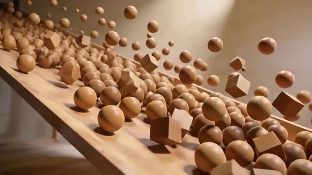 Gravity pulling dozens wooden balls and cubes rolling and colliding down tilted plank in warm light