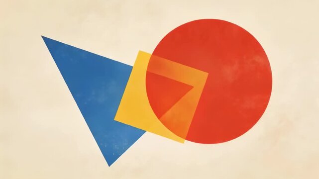 Starting red circle yellow square blue triangle rotating settling on paper forming balanced layout