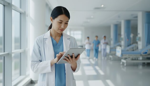 A female doctor in a lab coat uses a tablet while walking down a bright modern hospital hallway with medical beds in the background