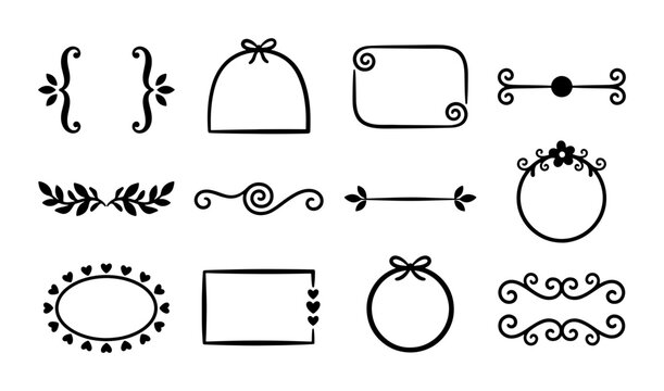 Hand drawn decorative frames and borders, set of 12 black ink flourish elements, vintage calligraphic dividers and floral ornaments for wedding stationery