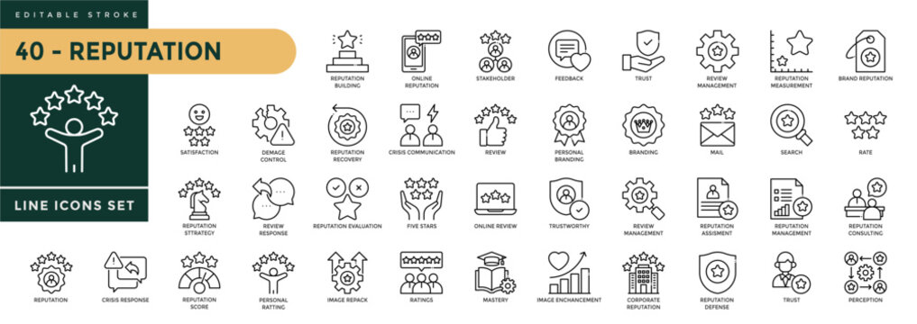 A collection of Reputation icons set with editable stroke, including brand, perception, credibilit, reputation, trust. Thin linear vector illustration.