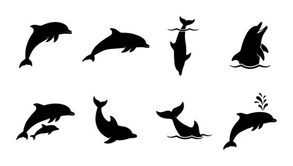 Dolphin silhouette vector set, black aquatic animal icons in various jumping and swimming poses, 8 marine mammal illustrations for ocean logos © Mojammel