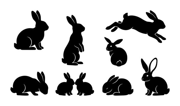 Rabbit silhouette collection, black bunny vector set in various poses, jumping and sitting hare icons, minimalist animal graphics for Easter and nature design