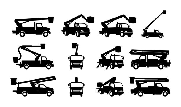 Industrial bucket truck silhouettes, utility vehicle icons set of 12 vector elements, cherry picker and aerial lift truck maintenance equipment