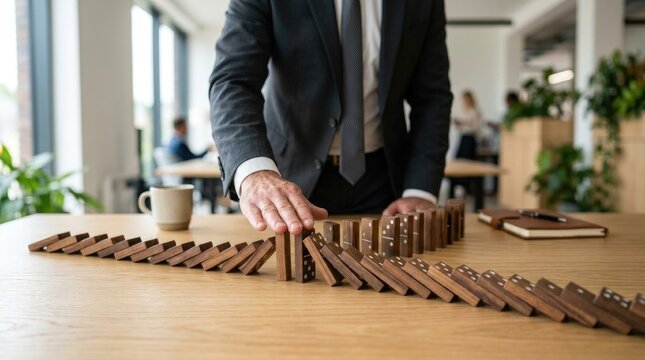 Businessman stopping domino effect on wooden table in office.