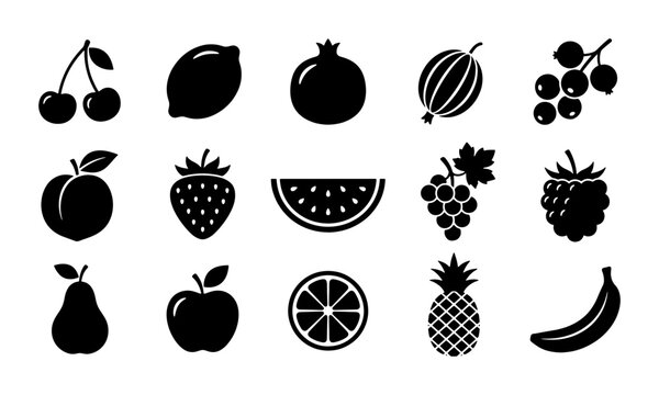 Minimalist fruit icons set, 15 black silhouette berry and fruit vector elements, flat organic food symbols for grocery and menu design