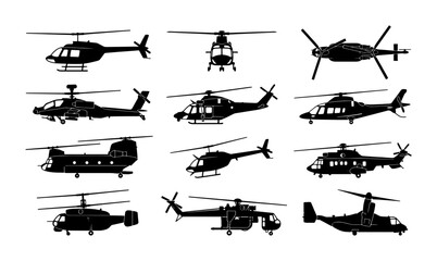 Helicopter silhouette vector set, 12 military and civilian aircraft icons, black aviation transport collection, emergency and rescue chopper graphics © Hafsa