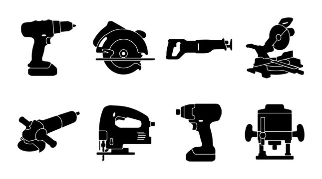 Industrial power tools silhouette set, professional construction equipment icons, 8 black vector illustrations for carpentry and home renovation projects