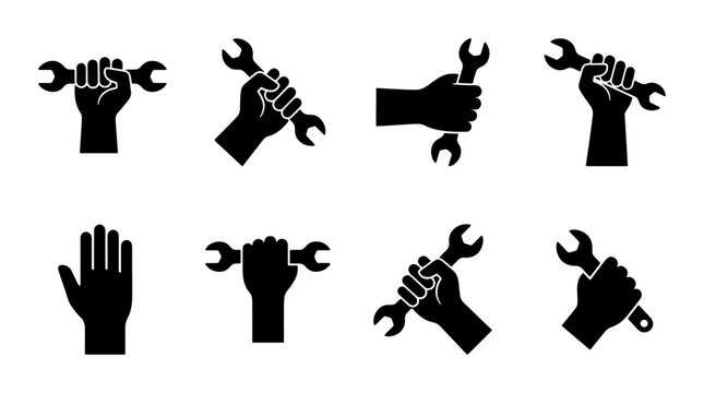 Industrial mechanic hand holding wrench icons, set of 8 black silhouette repair tools, worker fist with spanner vector graphics for service and maintenance