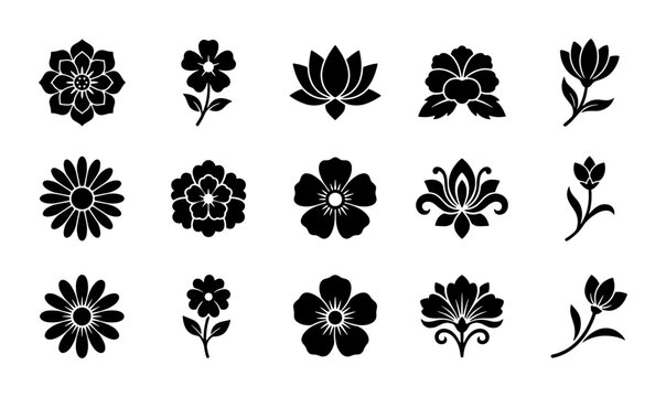 Minimalist black flower icons set, 15 floral vector silhouettes, elegant botanical blossom symbols for logo design and wedding invitations