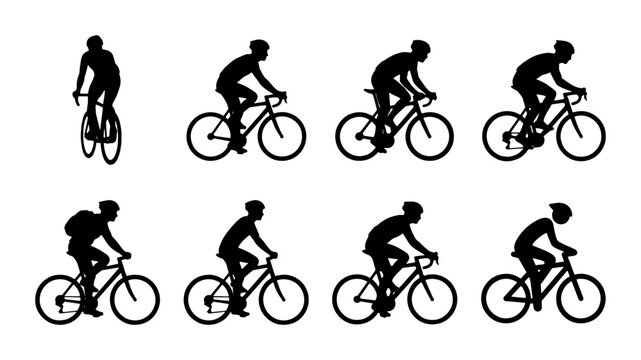 Cyclist silhouette vector set, professional road bike rider icons in various poses, black bicycle racing athlete collection for sports design