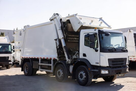 White garbage truck with compactor mechanism raised, parked outdoors on a sunny day