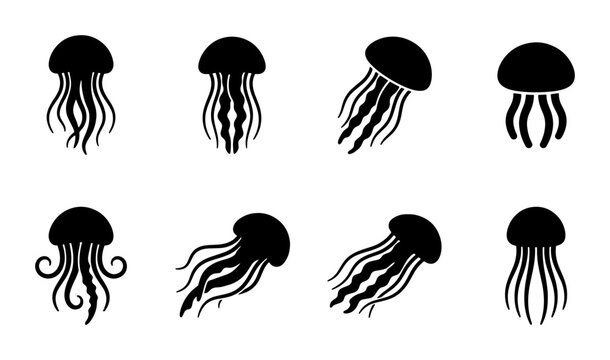 Black jellyfish silhouette icon set, minimalist sea creature vector illustrations, 8 ocean medusa symbols for marine life branding and logo design