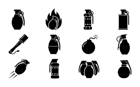 Military grenade icons set, black silhouette hand grenade vector collection, explosive weapon symbols for gaming and tactical design