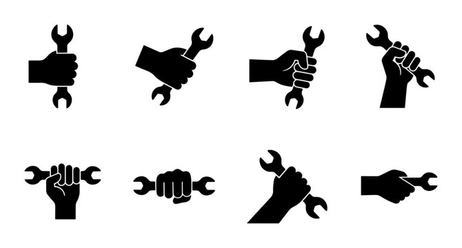 Industrial wrench and hand icon set, 8 black silhouette vector elements of human hands holding spanners, mechanic repair and maintenance tools