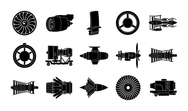 Jet engine silhouette icons set, 15 aircraft turbine and aerospace motor vector elements, black industrial aviation engineering symbols