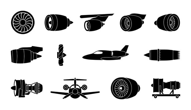 Jet engine icon set, black silhouette aircraft turbine collection, 13 vector aviation motor elements, aerospace engineering and propulsion symbols