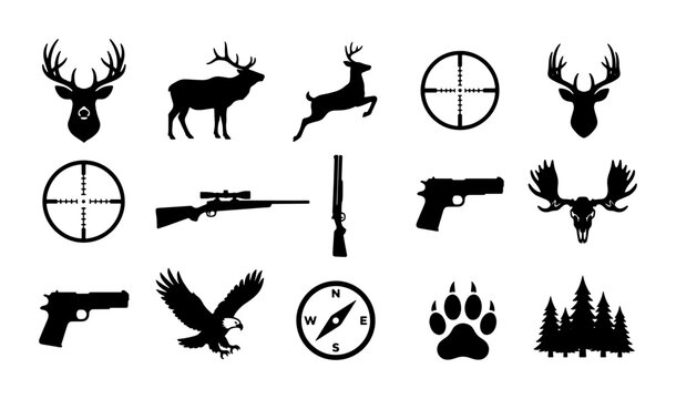 Hunting silhouette icons set, black deer and elk wildlife symbols, rifle and handgun weapon graphics, outdoor adventure vector elements for logos