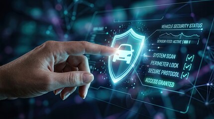 Fototapeta premium Hand touching glowing shield with car icon, representing vehicle security and digital protection.